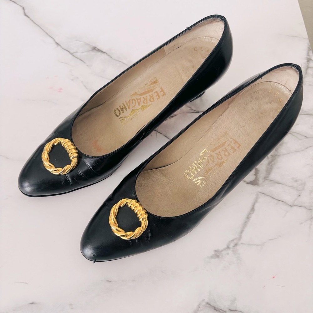 Salvatore Ferragamo Vintage Black and Gold Heels 6 B Designer Luxury